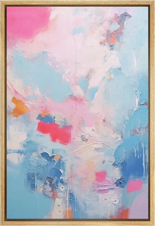 SIGNFORD Framed Canvas Print Wall Art Pink Baby Pastel Blue Landscape Abstract Geometric Illustration Minimalism Decorative Colorful Mid-Century for Living Room, Bedroom, Office - 16"x24" Natural