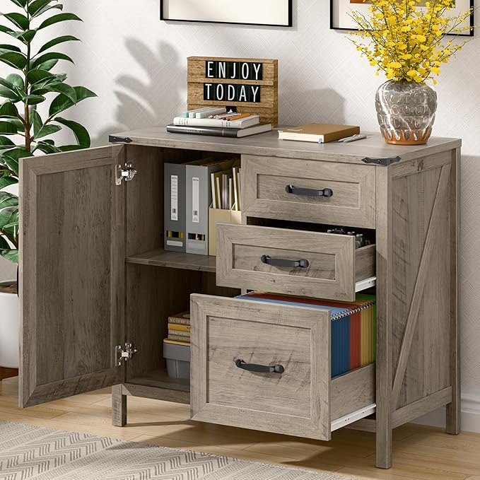 Farmhouse Lateral Filing Cabinet, Lateral File Cabinet with 3 Drawers and Storage Cabinet Wooden Printer Stand with File Drawer for Letter/A4 Size Hanging File for Home Office, Rustic Grey