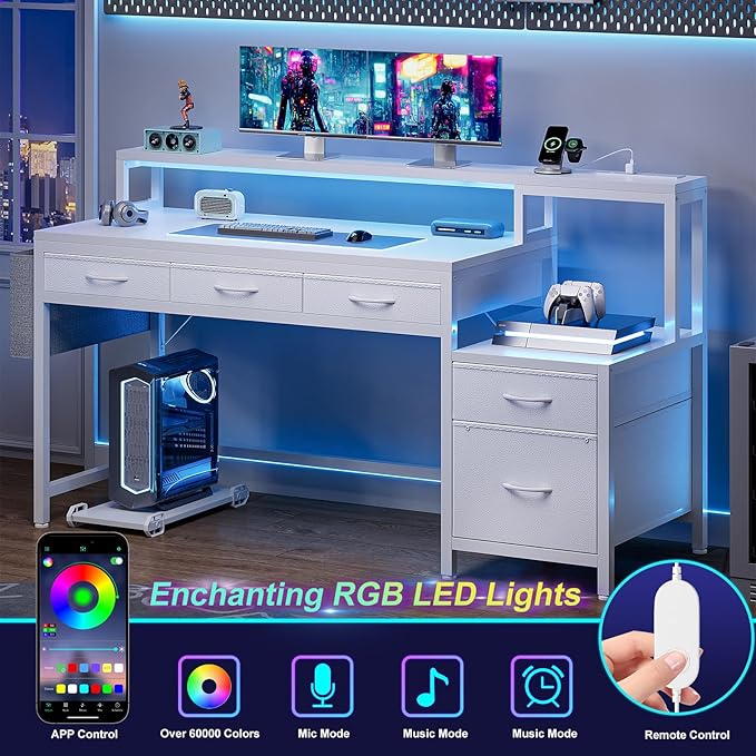 REAHOME 61 Inch Gaming Desk with Charging Station and LED Lights, Reversible Computer Desk with Storage Drawer and Monitor Stand, Modern Desk Table with File Cabinet & Side Pocket, Carbon Fiber White