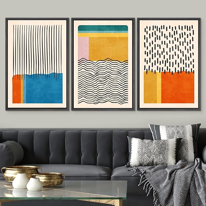 SIGNWIN Framed Canvas Print Wall Art Set Mid-Century Vibrant Color Block Collage Abstract Geometric Illustrations Graffiti & Street Art Modern Art for Living Room, Bedroom, Office - 24"x36"x3 Black
