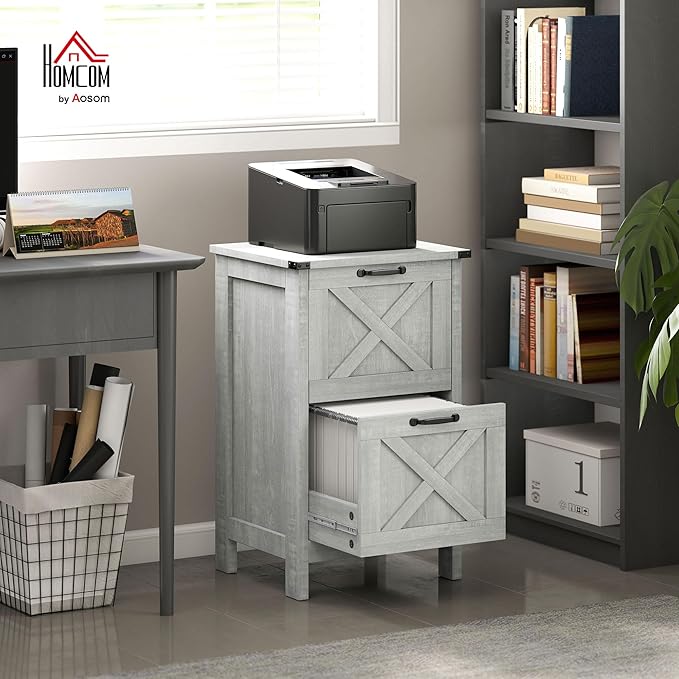 HOMCOM 2 Drawer Vertical File Cabinet with Silent Slides, Rustic Farmhouse Filing Cabinet with Barn Doors for A4/Letter Size, Printer Stand with Storage for Home Office, Distressed Light Gray
