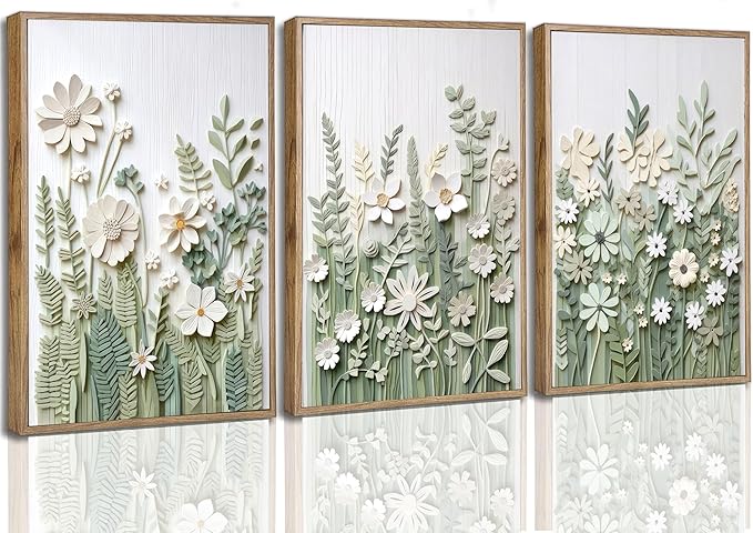 3 Pcs Framed Farm Sage Green Wildflowers Canvas Wall Art Neutral Minimalist Abstract Boho Floral Botanical Painting Pictures Wall Decor Poster Print Artwork for Living Room Bedroom Decoration