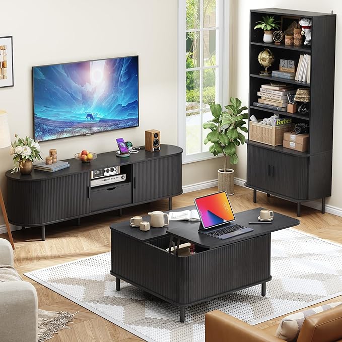 ONBRILL 71" Tall Bookshelf, 4-Tier Bookcase with Storage Cabinet & Adjustable Shelves, Floor Standing Wooden Bookshelf with Sliding Door and Adjustable Footpad, for Home Office, Living Room, Black