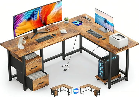Gizoon 66 Inch L Shaped Desk with Drawers, Reversible Corner Computer Desk with Power Outlets, Home Office Desk with Moveable CPU Stand, Large Gaming Desk, Rustic Brown