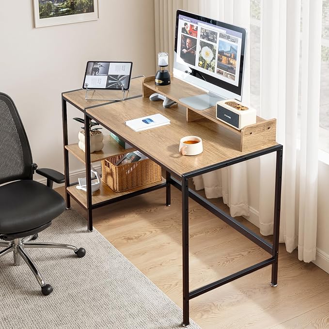 47-inch Computer Desk with Storage Shelf - Natural Wood Ideal Gaming Desk for Bedrooms, Small Spaces, and Home Offices Modern Writing Desk for PCs.