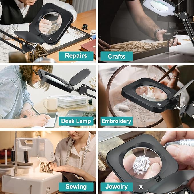 10X Magnifying Glass with Light and Stand, Real Glass LED Lighted Magnifier, 5 Color Modes Stepless Dimmable, Hands-Free Desk Lamp with Clamp for Kids, Women, Reading Craft, Hobby Close Work