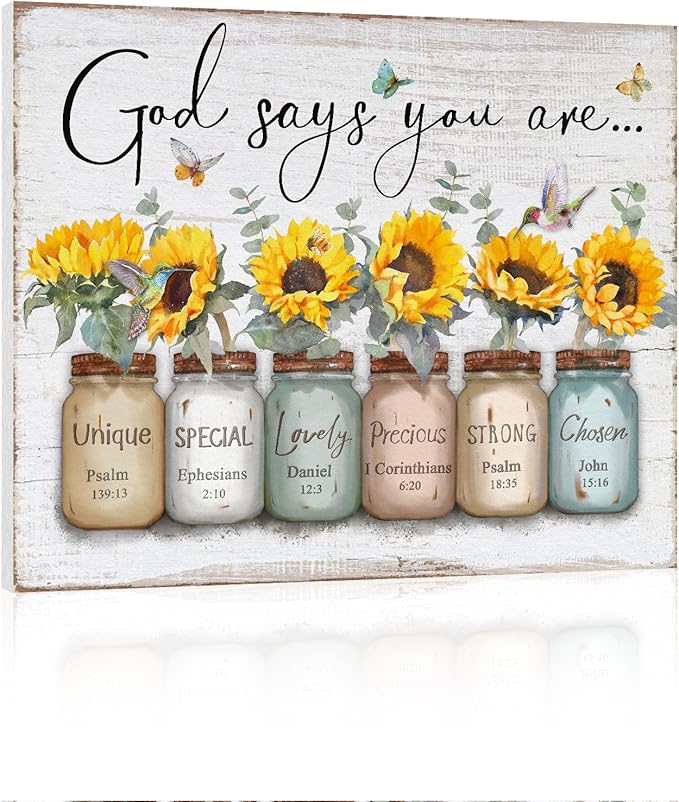 Inspirational Bible Verse Wall Art: God Says You Are Wall Sayings Sunflower in Mason Jar Picture Print Christian Gift Quotes Poster for Women Girl Bedroom Decor 12" x 15"