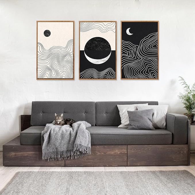 CHDITB Abstract Moon Phases Framed Canvas Art Prints Set(16"x24"), 3 Panels Modern Neutral Black and White Artwork Painting, Large Boho Minimalist Fine Line Wall Art Home Decor for Bedroom Living Room