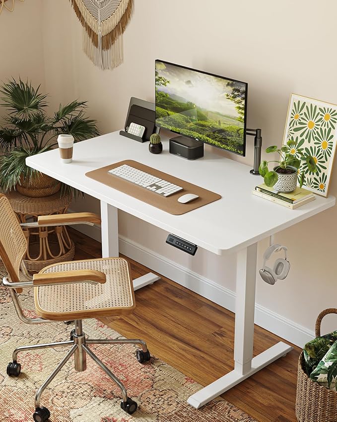 CubiCubi 48 x 24 Large One-Piece Standing Desk, Adjustable Height Electric Computer Home Office Sit Stand up Workstation, with 4 Memory Presets, Headphone Hook, White