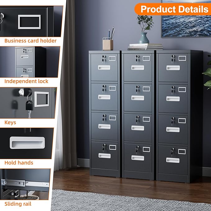 4 Drawer File Cabinet, Metal Vertical Black Filing Cabinets with Lock for Home Office with Name Card Holder for Letter/Legal/A4/F4 Size (Assemble Required)