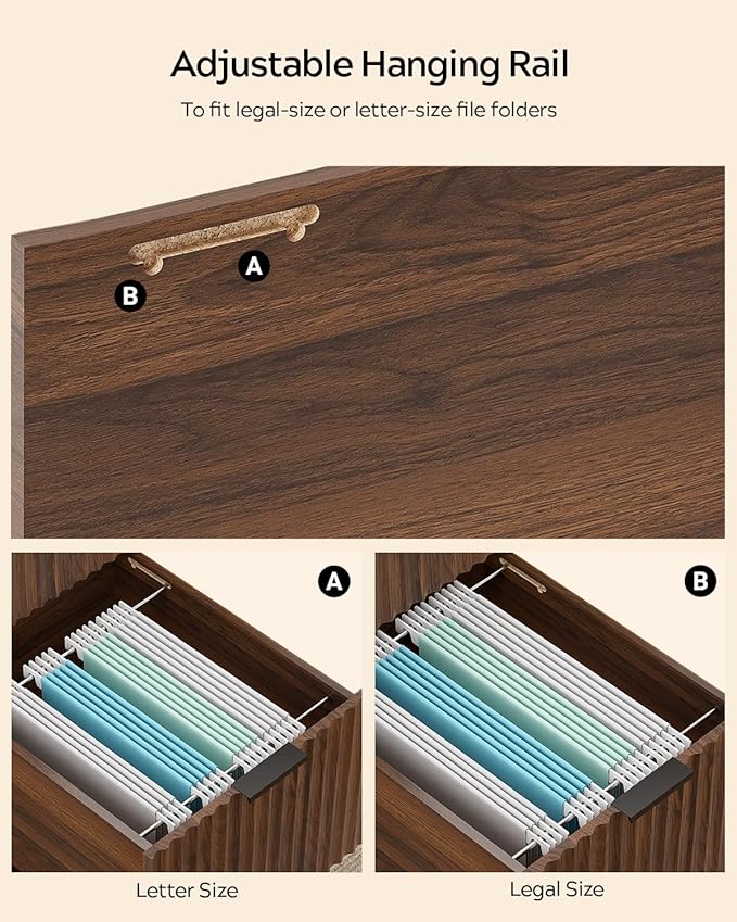 Brown Fluted Executive Desk with Storage Shelf & File Drawer, 55" Modern Wood Office Desk with Monitor Stand & Charging Station, Home Writing Computer Table for Work Study