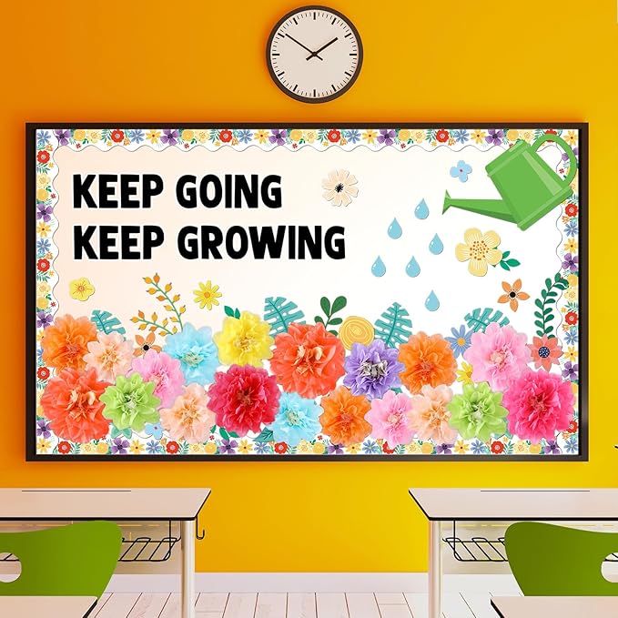 3D Spring Wildflowers Bulletin Board Set Keep Going Keep Growing Bulletin Board Paper Flowers Classroom Decorations Floral Blackboard Border Sunflower Cutout for Back to School Classroom Wall Decor