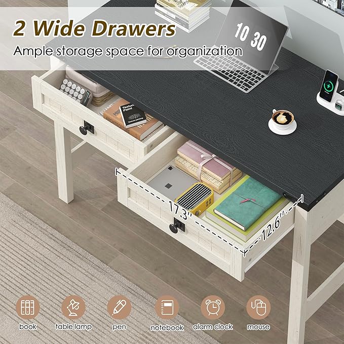 Farmhouse Computer Desk with 2 Drawers, 39 Inch Small Office Computer Desk with Power Outlets, Compact Writing Study Vanity Desk for Small Spaces, Black and White