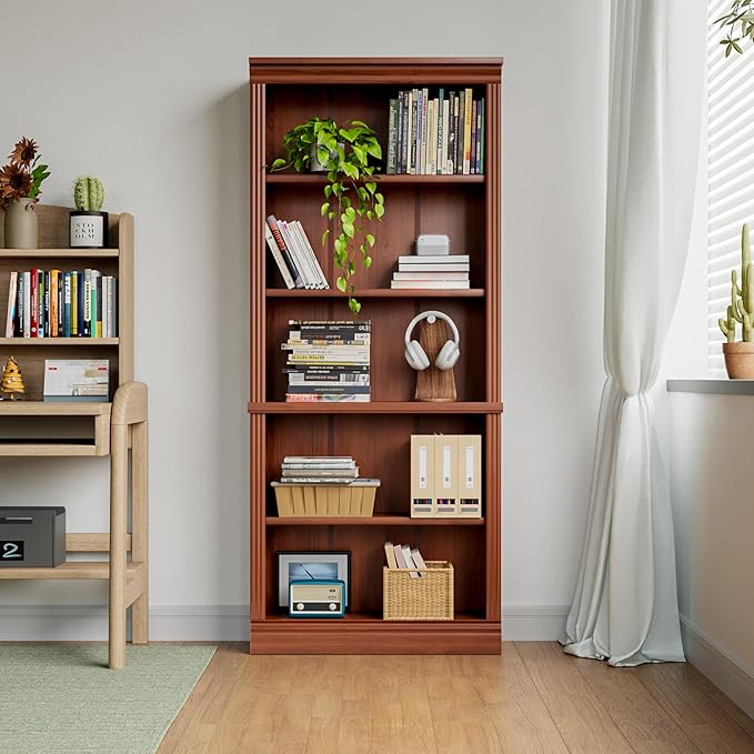Shahoo 72" Bookcase and Bookshelf, 5-Tier Wood Bookcases with Shelves, Tall Floor Standing Book Shelf Storage Cabinet Home Decor Furniture for Living Room, Home Office, Cherry Brown, 1Pcs
