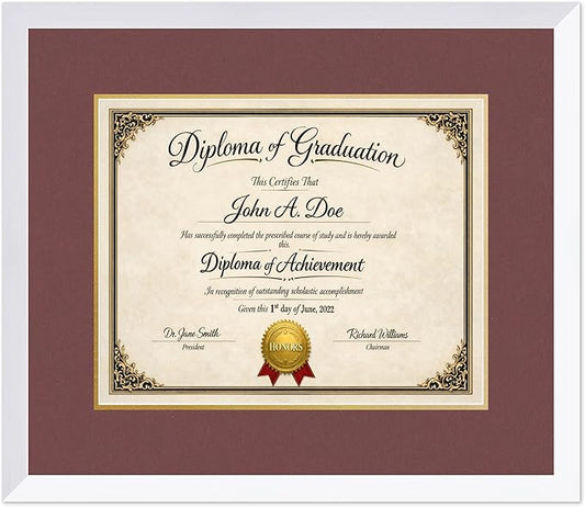 Diploma Frame Bright White with Dark Red Over Gold Double Mat - Fits 15 x 12 Military/Government Wall Display Made in the USA