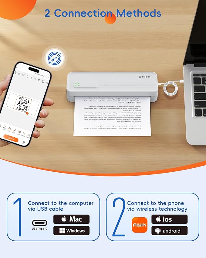 A41 Bluetooth Thermal Printer, Portable Inkless Printer for Travel Supports 8.5 x 11 Inch Paper, Small Mobile Printing Device Ideal for Office, School, Home