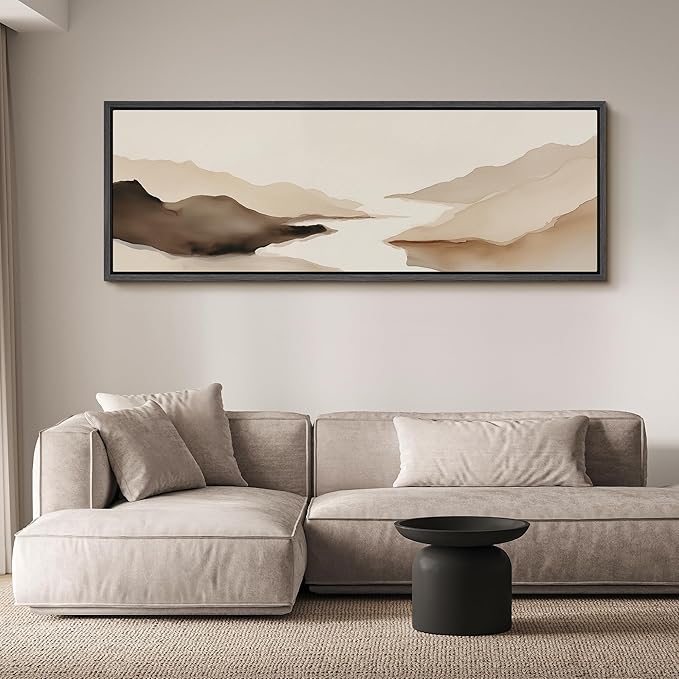 SIGNFORD Large Framed Canvas Print Wall Art Abstract Neutral Mountain Lake Landscape Illustrations Modern Art Calm Warm for Living Room, Bedroom, Office - 60"x20"