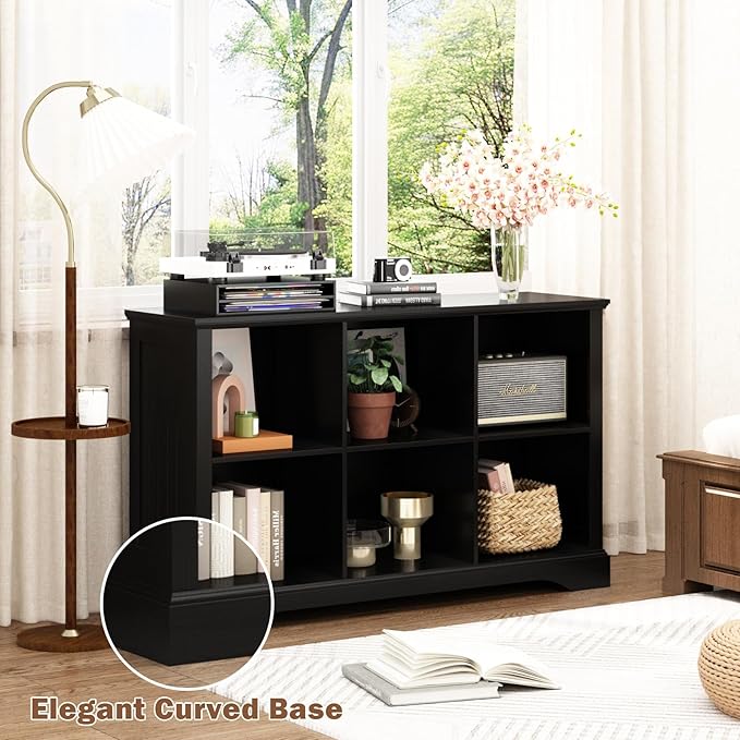 6 Cube Storage Organizer - 47.4" Farmhouse Wood Low Bookshelf, 3 Tier Horizontal Open Shelf Bookcase Cubby Storage Console Cabinet for Living Room, Entryway, Office, Black