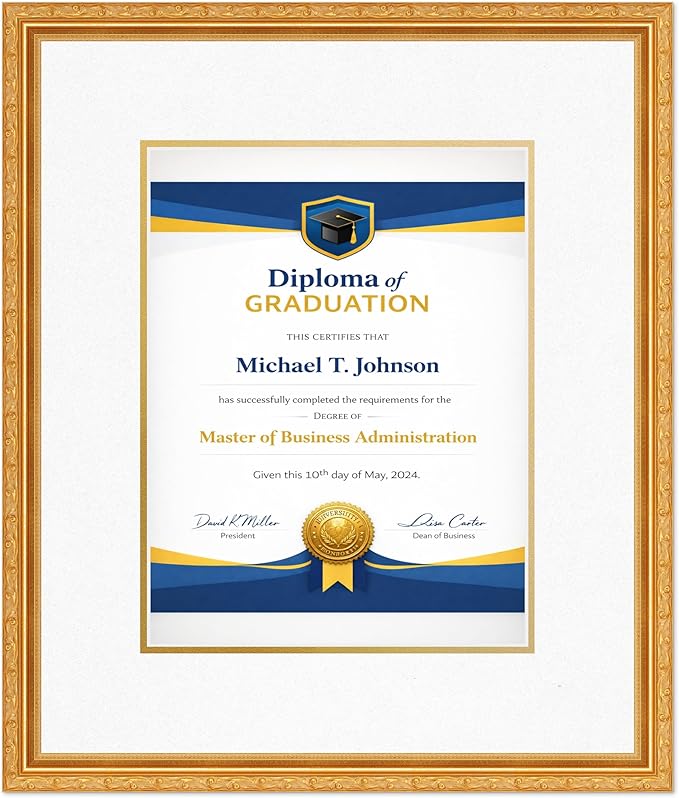 Diploma Frame Museum Gold with Oyster Shell Over Gold Double Mat - Fits 10 x 13 College Diploma (Portrait Traditional) Wall Display Made in the USA