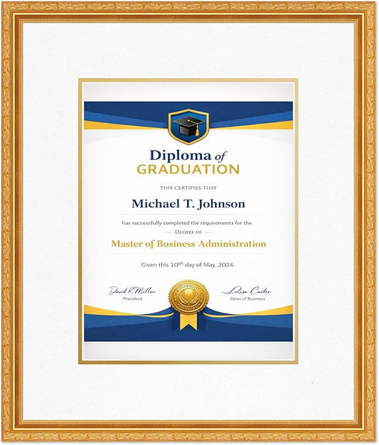Diploma Frame Museum Gold with Oyster Shell Over Gold Double Mat - Fits 10 x 13 College Diploma (Portrait Traditional) Wall Display Made in the USA