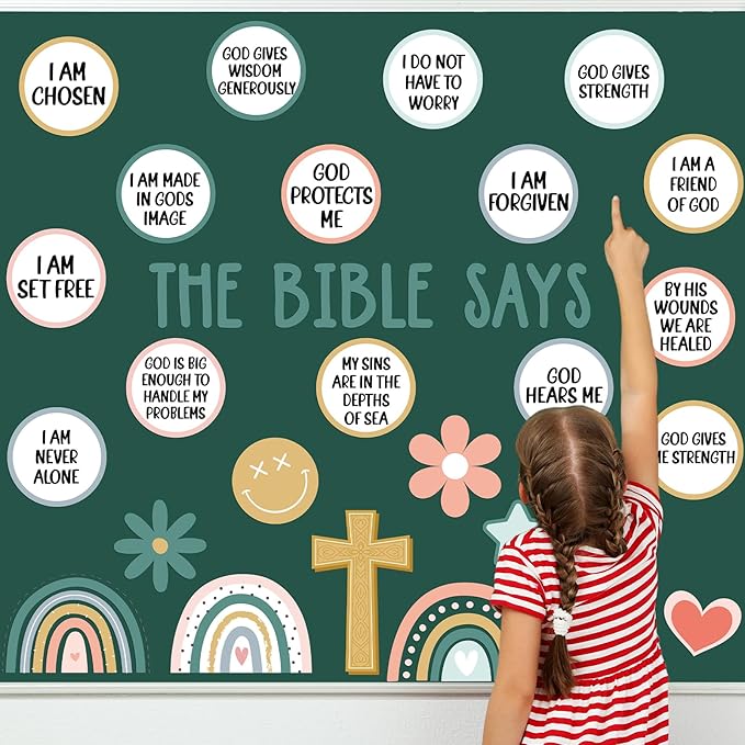 Christian Bulletin Board Decorations Set Inspirational Bulletin Board Set Motivational Boho Rainbow Bible Verse Paper Cutouts Decorations for Classroom Sunday School VBS Home Church Supplies