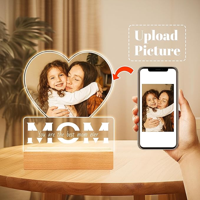 Personalized Mothers Day Gifts for Mom from Daughter and Son, Custom Picture Frames with Photo, Personalized Photo Frame with Night Light, Customized Mom Birthday Gifts