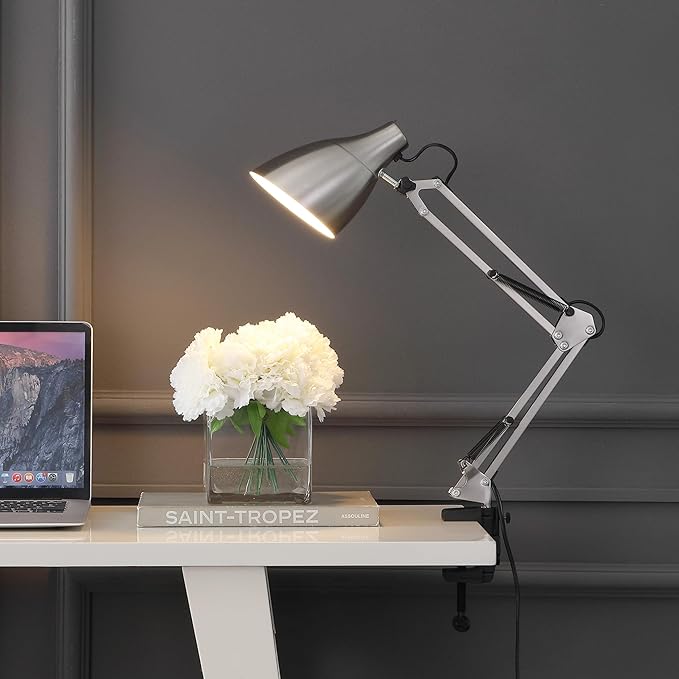 JONATHAN Y 28.5" Nickel Odile Industrial Adjustable Clamp-On LED Task Lamp with Metal Shade, Vintage Articulated Desk Lamp for Home Office Studio, LED Bulb Included (JYL7125B)