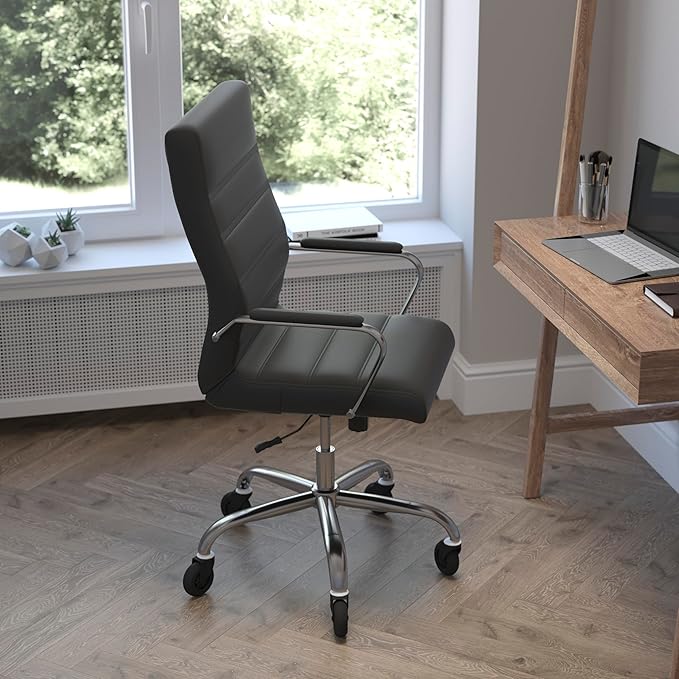 Flash Furniture Whitney High Back Black LeatherSoft Executive Swivel Office Chair with Chrome Frame, Arms, and Transparent Roller Wheels