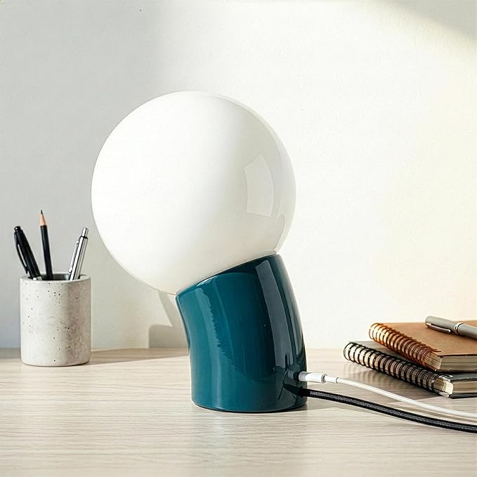 Brightech Vino LED Table Lamp - Small 8" Modern Dimmable Metal Lamp with USB-C Charging, Frosted Glass Globe Shade - Warm White Accent Light for Bedroom, Living Room, Bedside, Nightstand - Teal