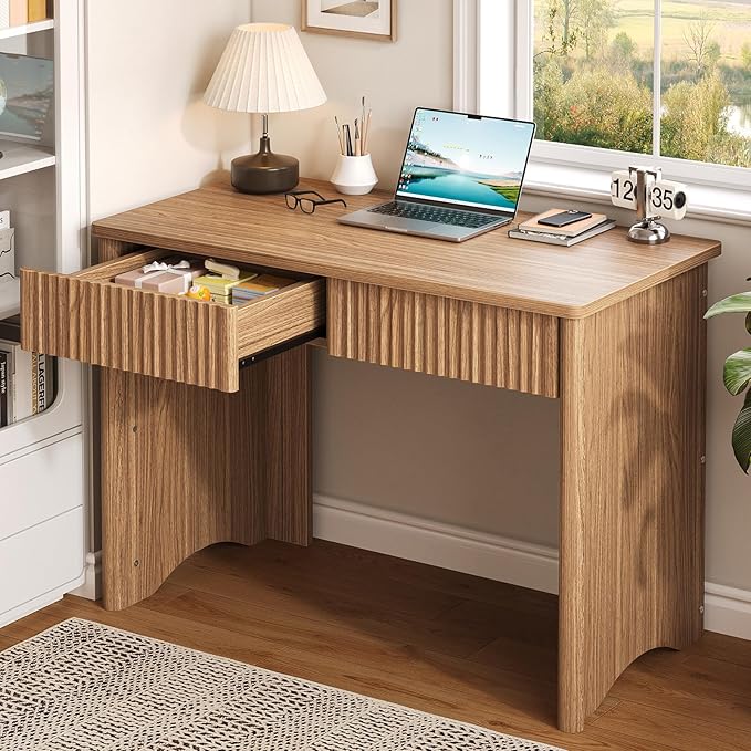 Bestier 40 Inch Fluted Wood Computer Desk with Drawers, Modern Home Office Desk, Compact Writing Desk, Laptop PC Desk for Bedroom, Studio, Study Room, Small Space & Dorm