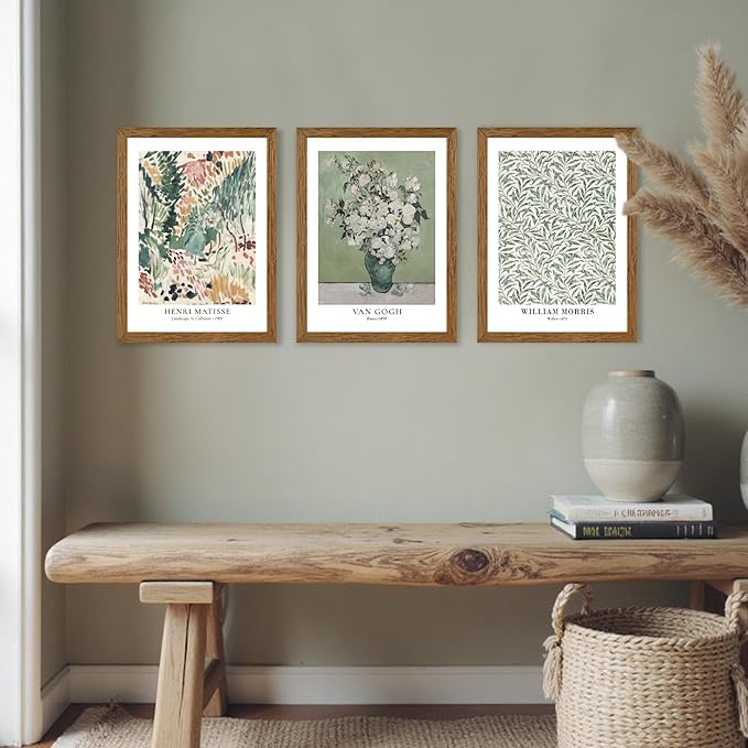 JLTULT 3 Piece Vintage Sage Green Canvas Wall Art, Van Gogh Matisse Wall Decor, Botanical Painting Artwork Prints for Living Room Bedroom Home Office 12X16 inch Wood Framed Easy to Hang