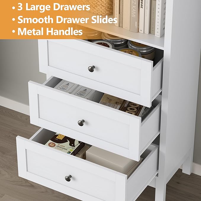 Bookshelf with Drawers, 71" Tall Wood Bookcase with Adjustable Shelf, 24" Wide Arched Book Shelf, Floor Standing Display Storage Cabinet for Home Office, Study and Living Room, Modern White