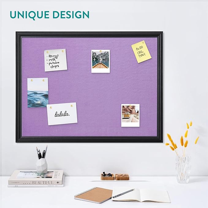 Navaris Framed Fabric Bulletin Board - 18 x 24 inches Plush Jewelry Organizer Pinboard for Wall - Memory Memo Pin Board - Purple with Black Frame