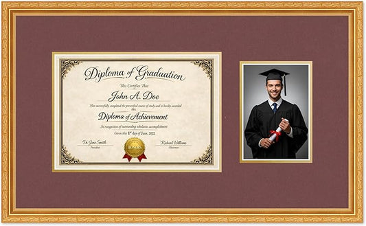 Diploma Frame With Photo Opening Museum Gold Dark Red Over Gold Mat - Fits 11.69 x 8.27 Degree and Picture Made in the USA