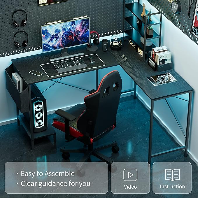 InfiniPower L Shaped Desk Gaming Computer 50 Inch Reversible Corner Table PC Work Table for Writing Study Student with Wood Tabletop Metal Frame CPU Stand Side Bag for Home Office Small Place