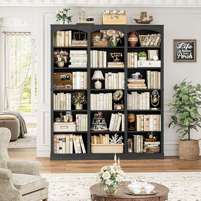 FACBOTALL 71" Triple Wide Bookshelf, 6 Tier Tall Bookshelf, Large Arched Bookcase with Curved Baffle, 63.4" Wide Book Shelf with 18 Open Display Shelves for Living Room, Study, Dark Grey