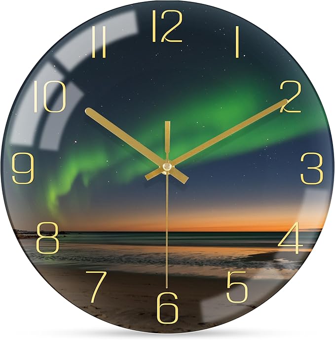 VIKMARI 8 Inch Modern Wall Clock, Aesthetic Black and Gold Decor Accessories, Unusual Silent Non Ticking Aurora Clocks for Living Room/Kitchen/Bedroom/Bathroom/Office (Glass)