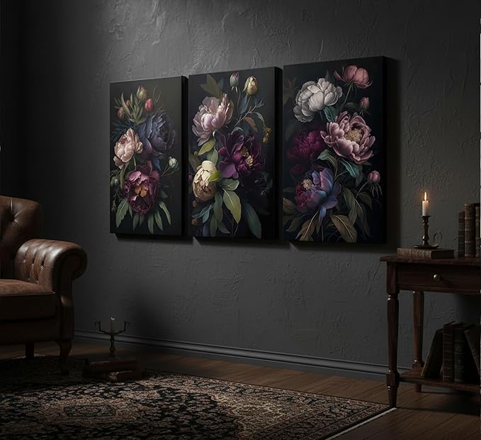 3 Pcs Moody Floral Canvas Wall Art Vintage Dark Peony Flowers Botanical Still Life Painting Picture Wall Decor Poster Print Artwork for Living Room Bedroom Women Room Home Decoration