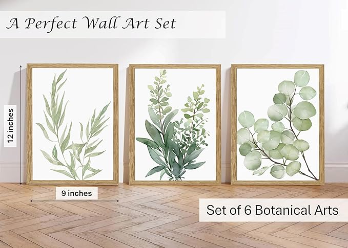 Induslyfe Framed Eucalyptus Sage Green Botanical Plant Wall Art Canvas Decor Set of 6, Leaves Wall Art Prints Posters Art, Eucalyptus decor Flower wall art for bathroom bedroom living room decor 9x12