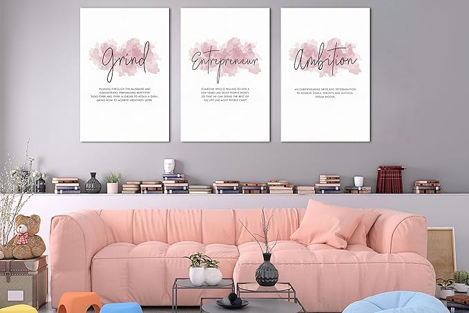 SHMAO Pink Office Canvas Wall Art Motivational Wall Decor, 3 Piece Grind Entrepreneur Ambition Pictures for Office Wall Decor Women Inspirational Framed Artwork Home Office Decor 20”x30”x3 Panels