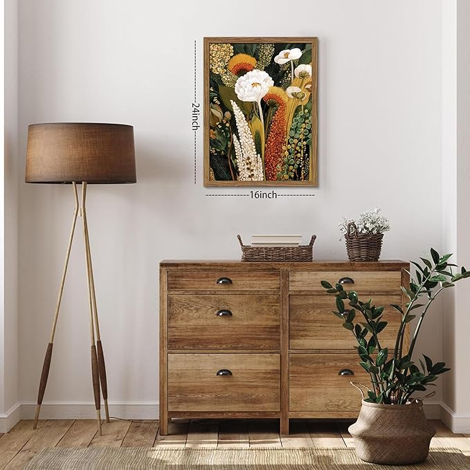 Framed Vintage Botanical Floral Wall Art, Colorful Abstract Flowers Wall Decor Painting, Retro Wildflower Artwork Poster Print Picture for Living Room Bedroom 16x24 Inch