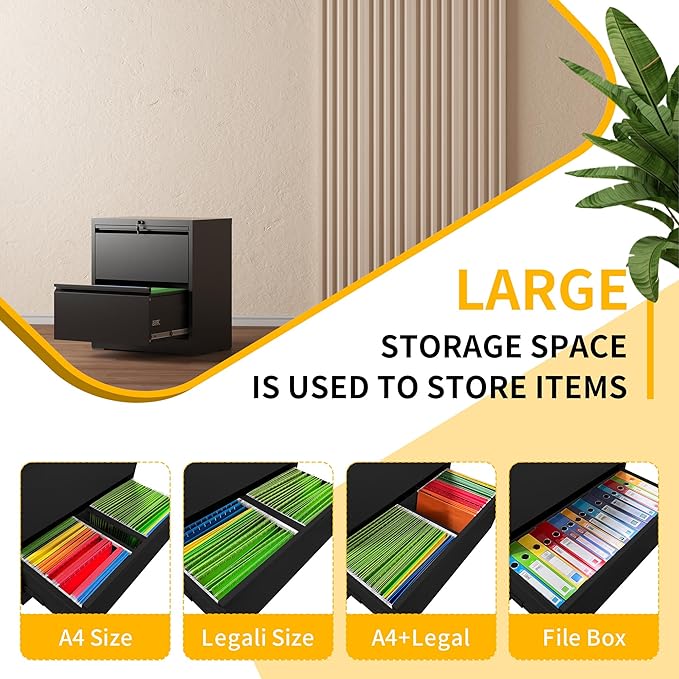 File Cabinets for Home Office, 2 Drawer Metal Lateral Filing Cabinets with Lock, Heavy Duty Locking File Cabinet for Hanging Letter/Legal/F4/A4 Size Files, Assembly Required (Black)