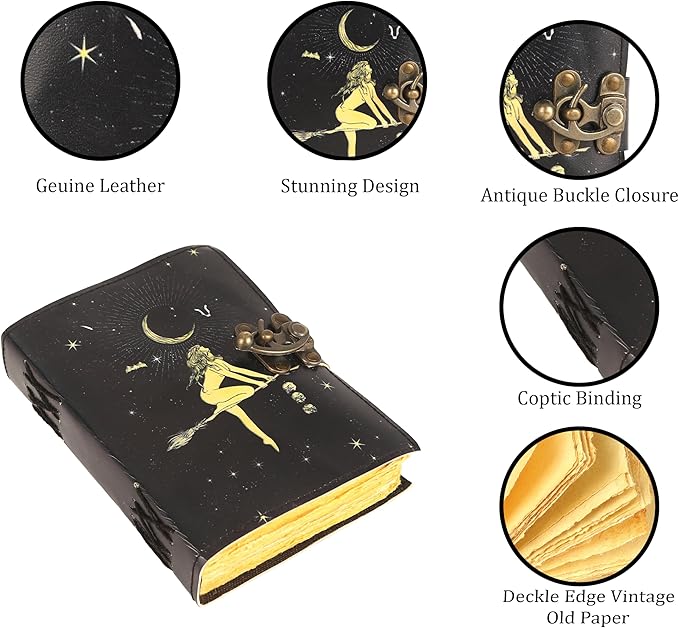 TUZECH Book of Spells Leather Bound Journal Celestial Sun & moon Deckle Edge Paper Grimoire Moon Phase Totem Talisman Printed Diary Spiral Gothic Notebook Antique Vintage Book for Men and Women (Sun