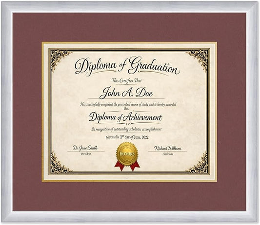 Diploma Frame Stainless Silver with Dark Red Over Gold Double Mat - Fits 15 x 12 Military/Government Wall Display Made in the USA