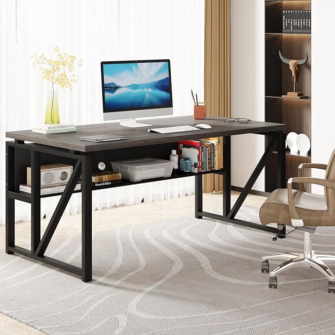 Tribesigns 55 inches Computer Desk with Bottom Storage Shelf Home Office Desk Writing Table for Workstation,Dark Walnut + Steel Leg， Cabinet not Included (Grey, 55-inch -with Shelf)