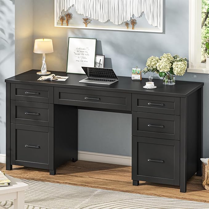 Vabches Farmhouse 61'' Executive Desk with 5 Drawers, Rustic Office Desk Computer Desk with File Drawers and Storage Cabinet, Wood Workstation for Home Office and Study(Black)
