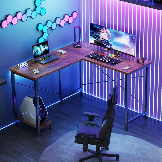 DUMOS L Shaped Desk, Computer Gaming Desks Corner Office Table with CPU Shelf for Home Study Writing Work Station 50 Inch, Rustic Brwon