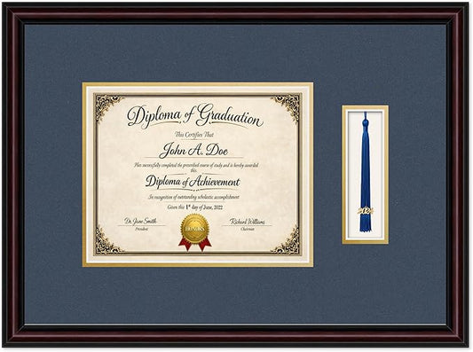 Diploma Frame with Tassel Holder 20.25 x 15 Executive Brown Shadowbox Navy Blue Over Gold Mat - Fits 10 x 8 Degree Made in the USA