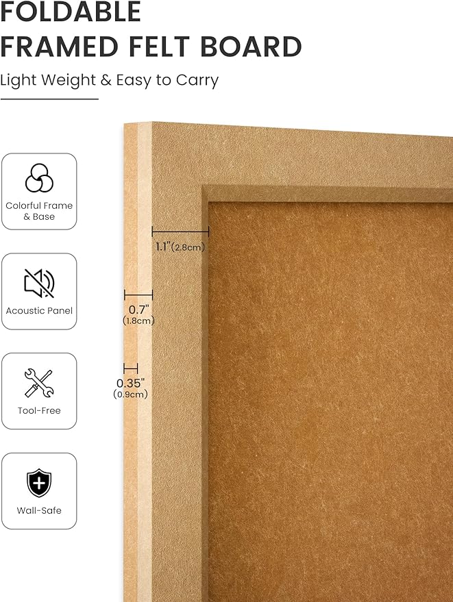 Fluxynara Foldable Cork Board Alternative, Felt Bulletin Board 24" x 18" Mustard Yellow Frame with 16 Adhesive Tabs, Pin Board for Home Office, Classroom, Entryway, Kitchen Wall Decor—Sunset Yellow