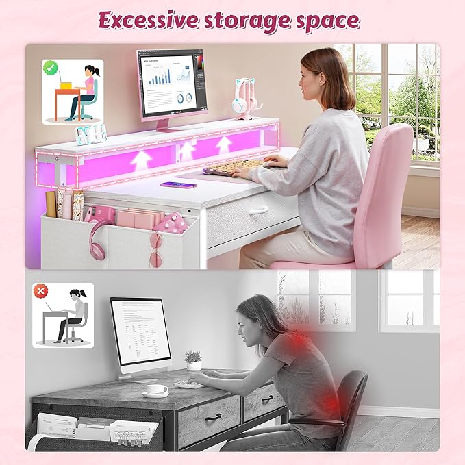 47.3Inch Computer Desk with 2 Drawers & LED Lights,Home Office Desks with Side Pocket,Gaming Desk Monitor Stand,Study Writing Table for Small Spaces,White
